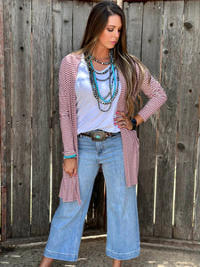 Mauve Striped Mid-Length Cardigan