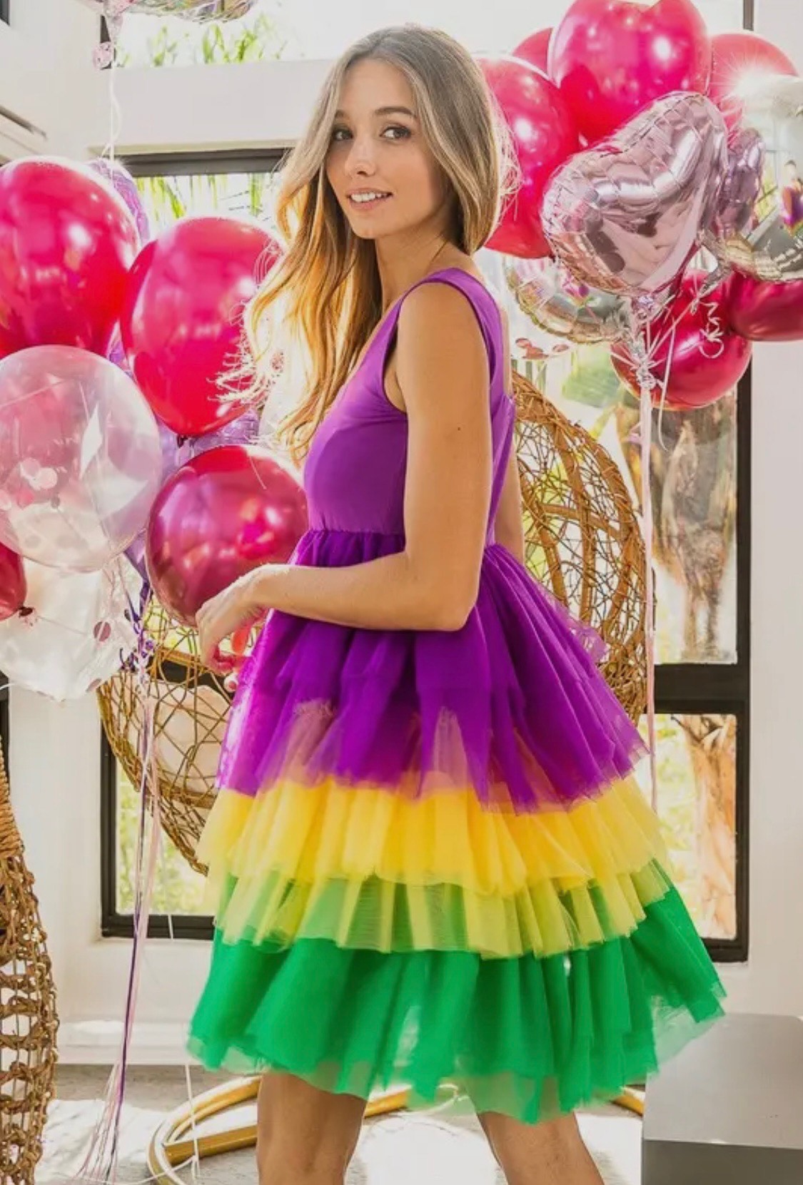 Mardi Gras Color Block Layered Mesh Tiered Dress