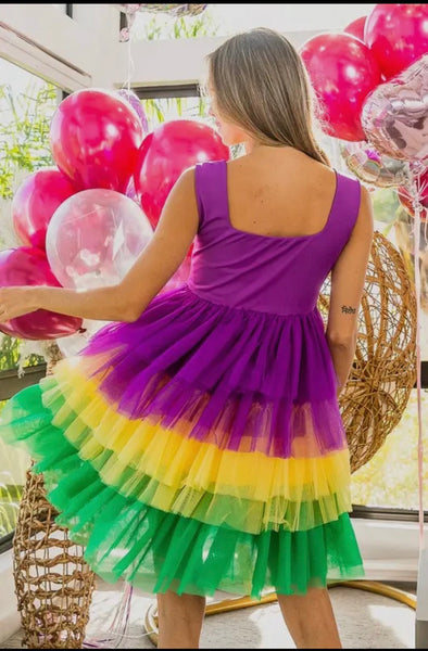 Mardi Gras Color Block Layered Mesh Tiered Dress